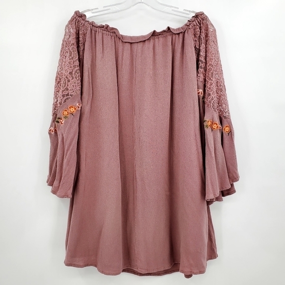 Umgee Mauve Floral Embroidered Lace Bell Sleeve Off Shoulder Dress - Picture 3 of 8
